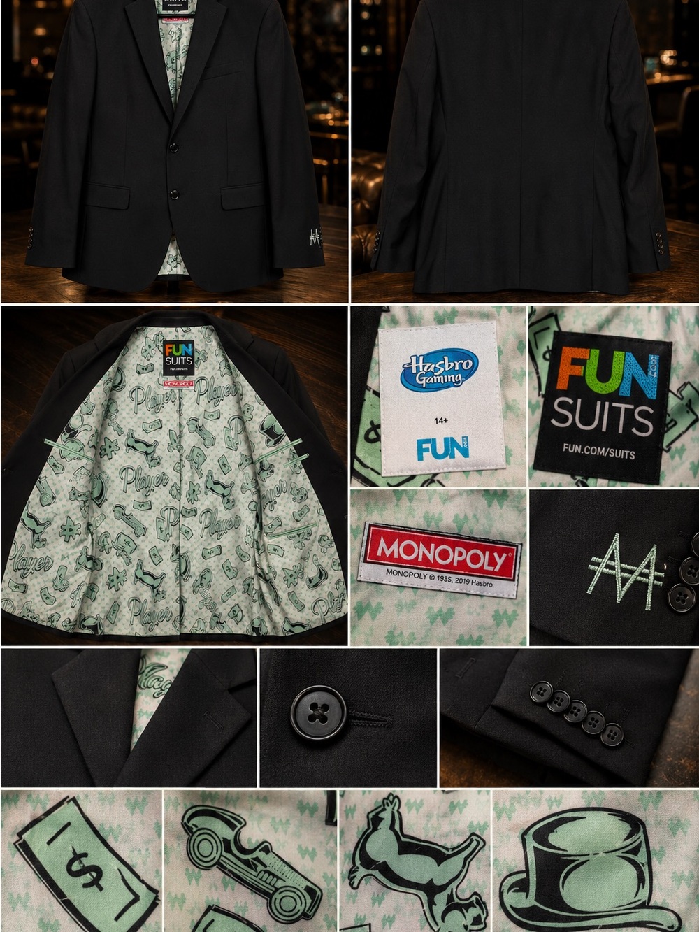 Fun Suits Monopoly Black Blazer Jacket Men’s 48R Hasbro Gaming Party Suit